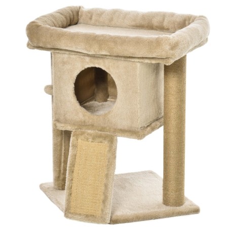 PawHut Kratzbaum katze 2 Ebenen mit Katzenhöhle und Spielball, Jute-Kratzmatte, Liegeplattform, Kaffee, 40 x 40 x 57cm   Aoso