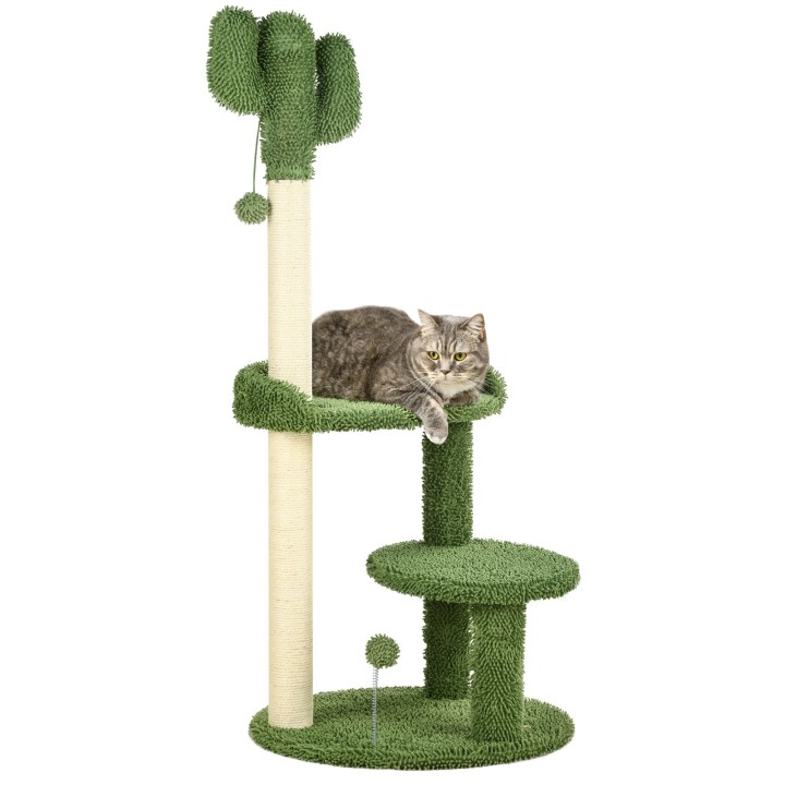 PawHut Kratzbaum Kaktus-Design Φ 49 x 111cm mit 2 Etagen & Spielball, stabiler Katzenbaum für kleine Katzen in Grün   Aosom.d