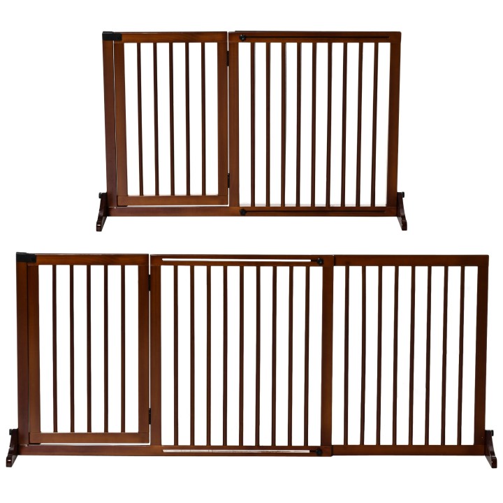 PawHut Absperrgitter  Freistehendes Hunde Türschutzgitter mit Tür, Schutzgitter aus Holz, Braun, 113-166x36x71cm  Aosom