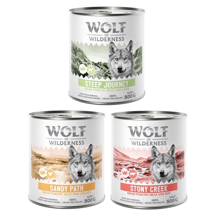 Wolf of Wilderness Adult - mit viel frischem Geflügel 6 x 800 g - Mixpaket: 2x Stony Creek, 2x Sandy Path, 2x Steep Journey