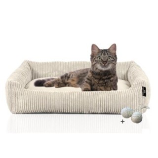 Rohrschneider ® Katzenbett waschbar mit Gratis-Beigabe, robuster Breit-Cordstoff beige