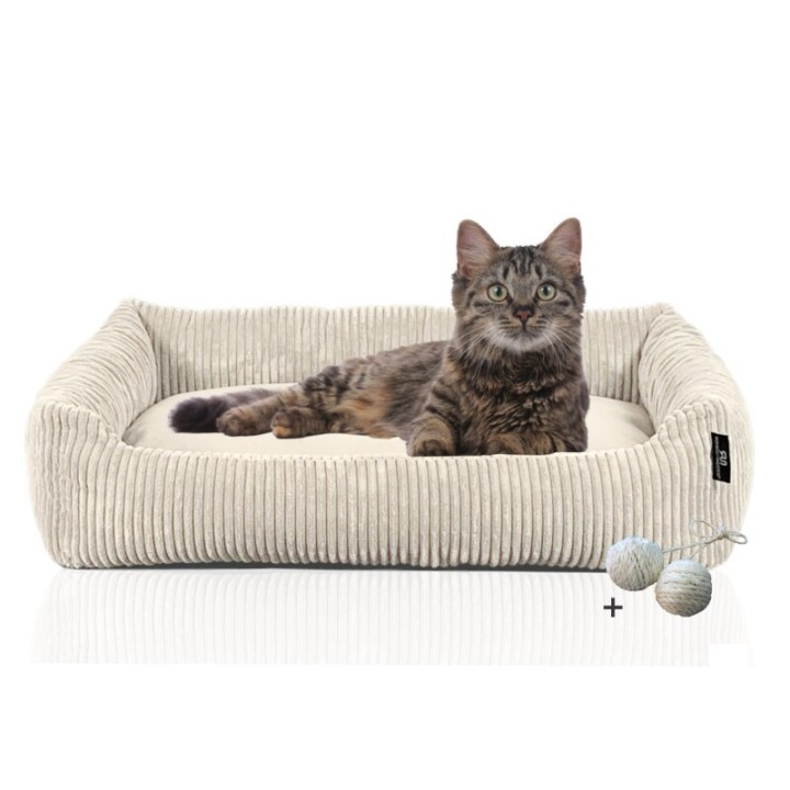 Rohrschneider ® Katzenbett waschbar mit Gratis-Beigabe, robuster Breit-Cordstoff beige