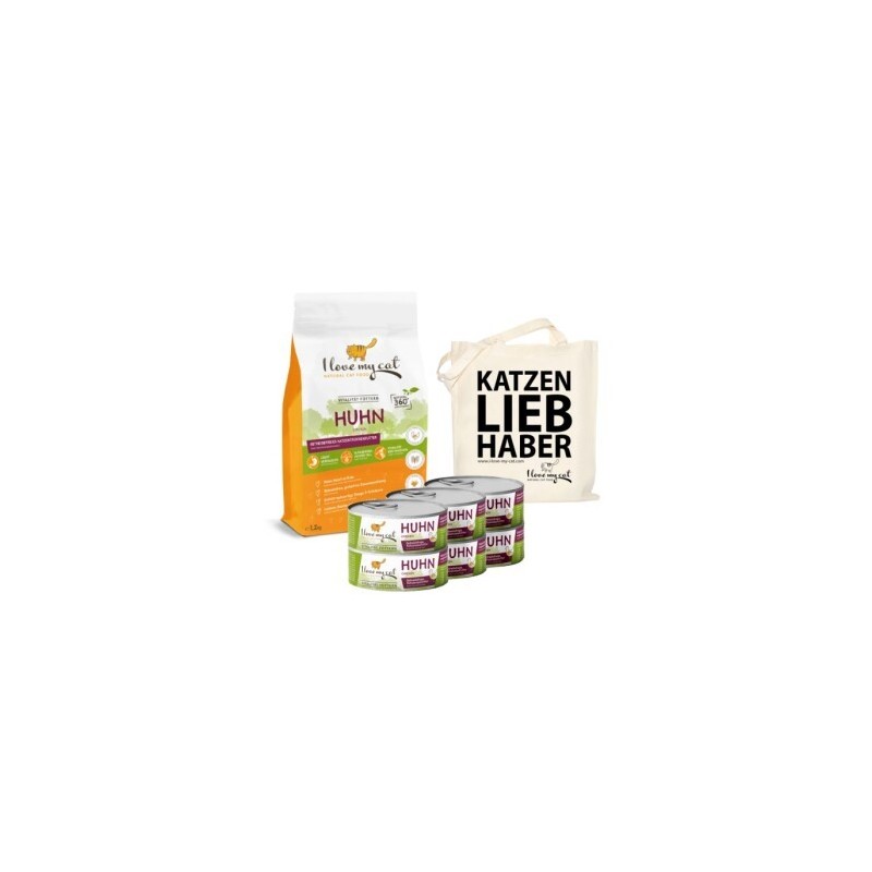 I love my cat ILMC set mit Huhn - Trockenfutter mit Huhn + Nassfutter mit Huhn + Jute Beutel