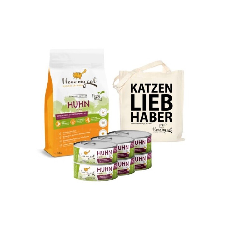 I love my cat ILMC set mit Huhn - Trockenfutter mit Huhn + Nassfutter mit Huhn + Jute Beutel
