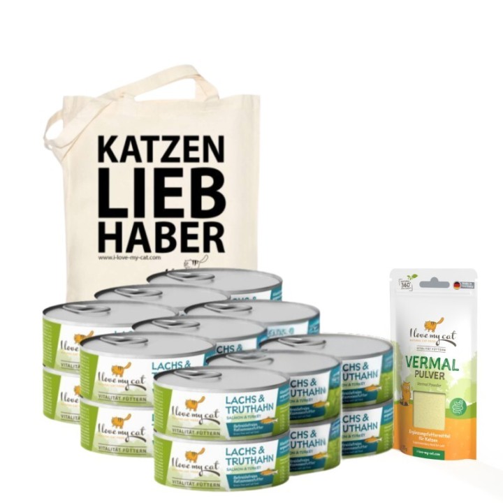 I love my cat Dealset für Katzen mit Giardien - 18 Dosen Nassfutter mit Pute und Lachs 100g + Vermal Pulver 35g + 1 Jutesack