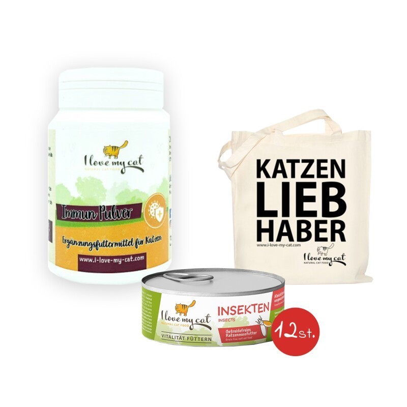 I love my cat Sparset für Katzen mit IBD - Nassfutter mit Insekten + Immun Pulver + Jutebeutel