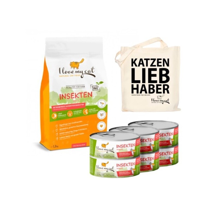 I love my cat Sparset Insektenprotein für Katzen - Trocken- und Nassfutter mit Insekten + Jutebeutel