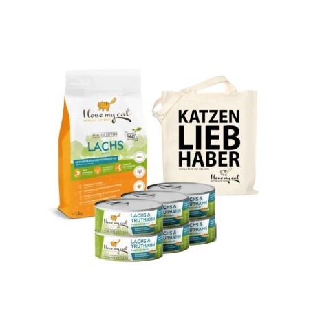 I love my cat ILMC set mit Lachs und Truthahn - Trockenfutter und Nassfutter + Jutebeutel