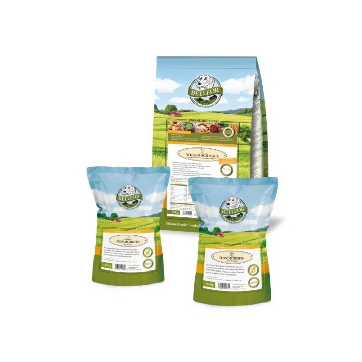 Bellfor Sparset Nr. 3 - Wiesen-Schmaus 10kg + Fleischstreifen Truthahn 100g + Fleischstreifen Ente 100g