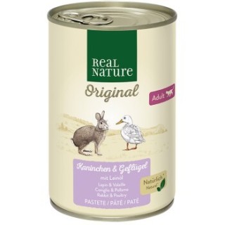 REAL NATURE Original Nassfutter Katze, Adult, Kaninchen und Geflügel mit Leinöl 24x400 g