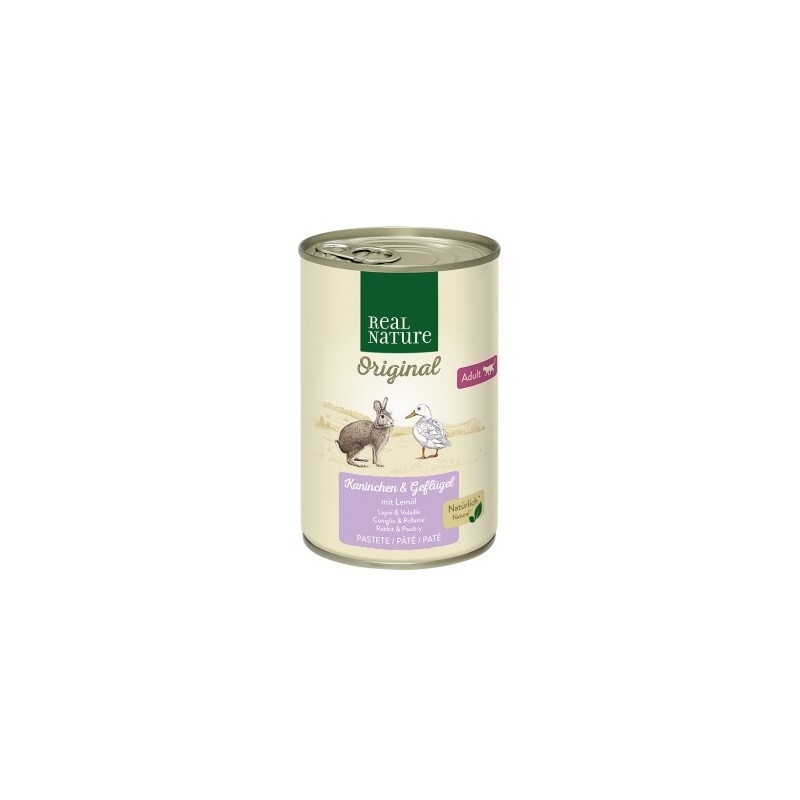 REAL NATURE Original Nassfutter Katze, Adult, Kaninchen und Geflügel mit Leinöl 24x400 g