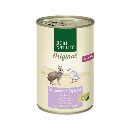 REAL NATURE Original Nassfutter Katze, Adult, Kaninchen und Geflügel mit Leinöl 24x400 g