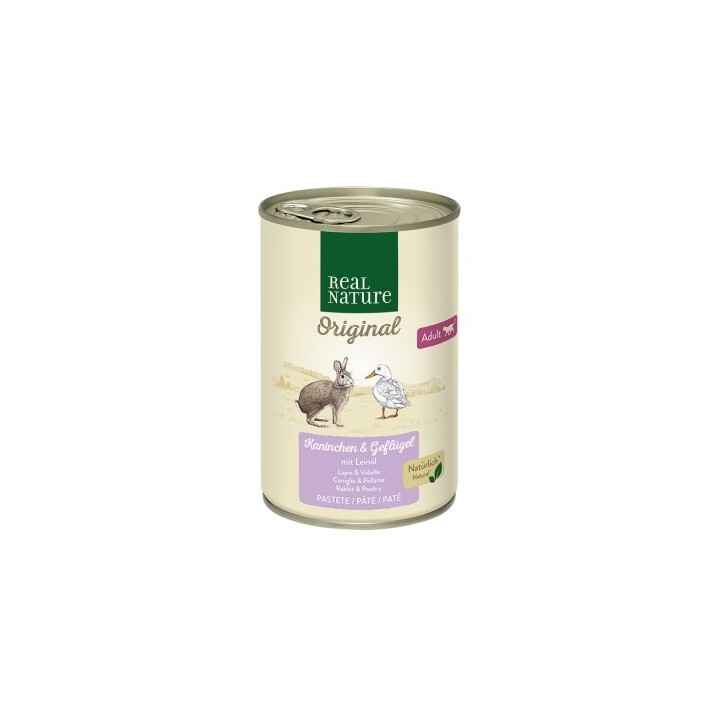 REAL NATURE Original Nassfutter Katze, Adult, Kaninchen und Geflügel mit Leinöl 24x400 g