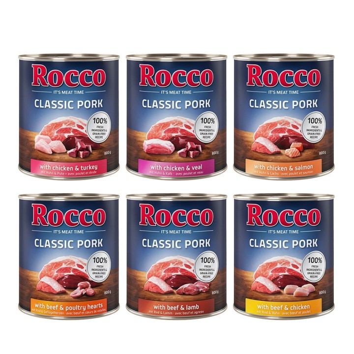 Rocco Classic Pork 6 x 800 g Mix: Rind/Lamm, Huhn/Pute, Huhn/Kalb, Rind/Geflügelherzen, Huhn/Lachs, Rind/Huhn