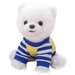 Niedlicher Simulations-Plüsch-Spielzeughund mit blauem Kostüm, Pomeranian-Welpen-Hundespielzeug weiß