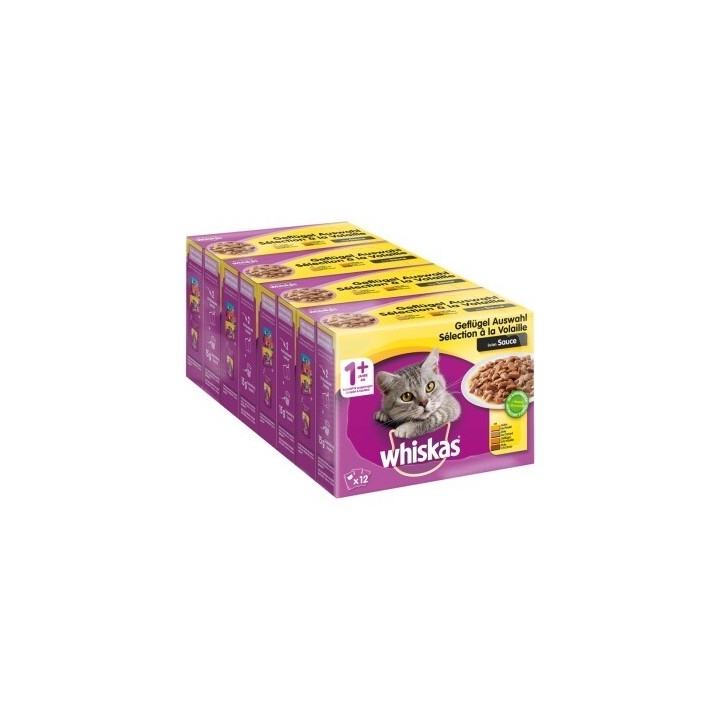 Whiskas 1+ Geflügel Auswahl in Sauce, Huhn/Truthahn/Ente/Geflügel 12x100g