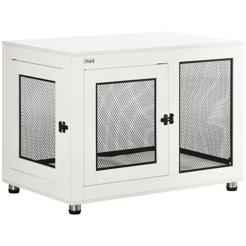 PawHut Hundekäfig mit Tischplatte, Kissen, 2 Türen, Hundehaus, Hundehütte, Hundebox Indoor, Beistelltisch, Weiß+Schwarz, 94 x