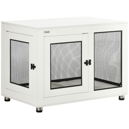 PawHut Hundekäfig mit Tischplatte, Kissen, 2 Türen, Hundehaus, Hundehütte, Hundebox Indoor, Beistelltisch, Weiß+Schwarz, 94 x