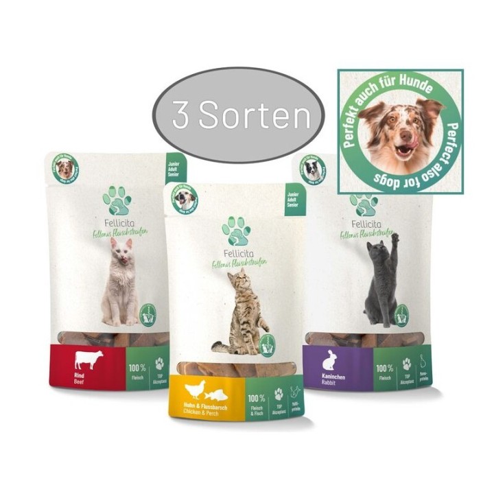 Fellicita Hundesnacks 3x50g Mixpaket Fellonis Fleischstreifen, 3 Sorten