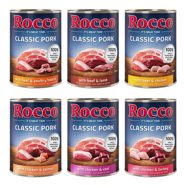 Rocco Classic Pork 6 x 400g Mix: Rind/Lamm, Huhn/Pute, Huhn/Kalb, Rind/Geflügelherzen, Huhn/Lachs, Rind/Huhn