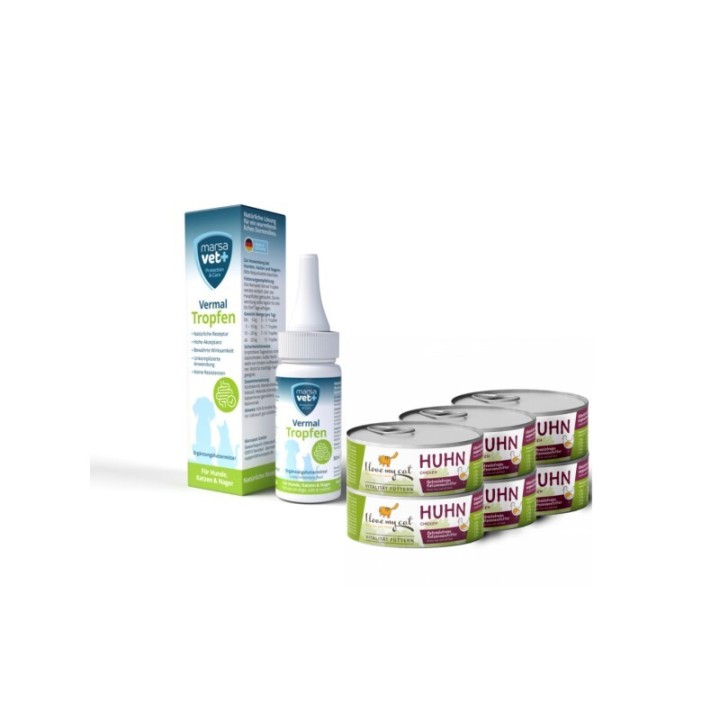 I love my cat Vermal Set für Katzen Marsavet Vermal Tropfen 50 ml + Nassfutter mit Huhn 6x100 g