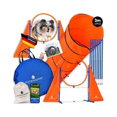 PfotenWunder® XXL-Profi-Agility Set Hunde Groß + 3 M-Tunnel + 21 Min. HUNDESCHULE - 6 Slalomstangen, für kleine & große Hunde