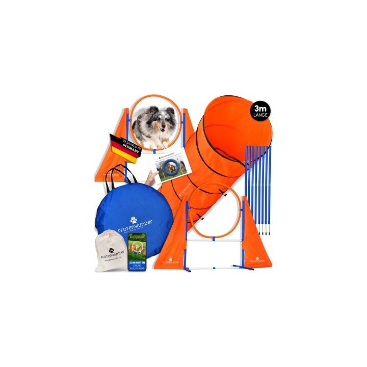 PfotenWunder® XXL-Profi-Agility Set Hunde Groß + 3 M-Tunnel + 21 Min. HUNDESCHULE - 6 Slalomstangen, für kleine & große Hunde