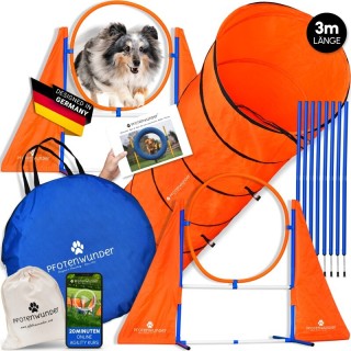 PfotenWunder® XXL-Profi-Agility Set Hunde Groß + 3 M-Tunnel + 21 Min. HUNDESCHULE - 6 Slalomstangen, für kleine & große Hunde