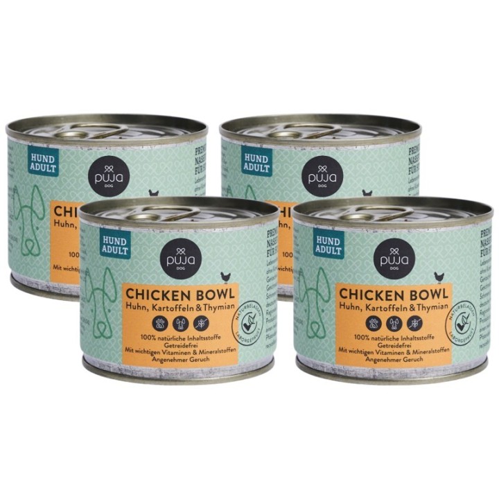 PUJA Premium Nassfutter Chicken Bowl für Hunde 4x200g