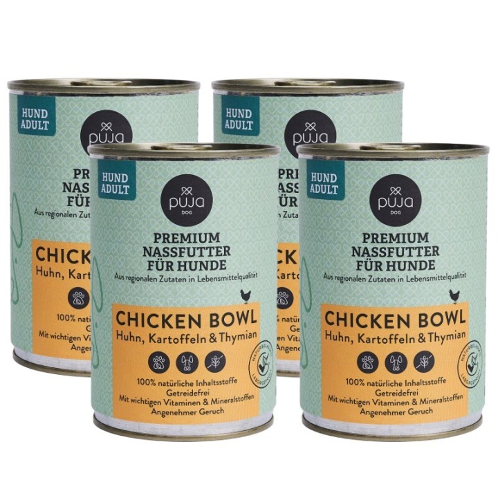 PUJA Premium Nassfutter Chicken Bowl für Hunde 4x400g