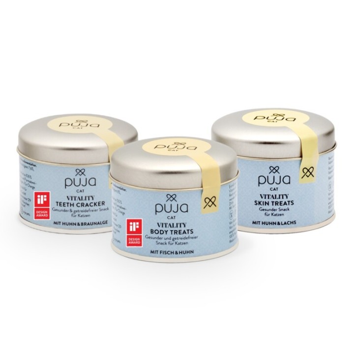 PUJA Snacks Probierset Beauty für Katzen 3x50g