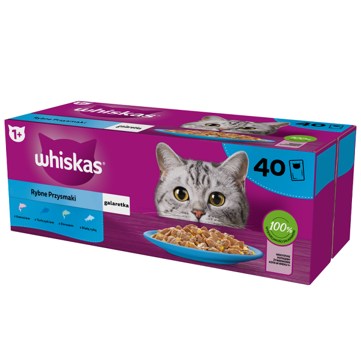 WHISKAS Adult 40 x 85 g Fischaromen in Gelee Lachs, Thunfisch, Kabeljau, Weißfisch