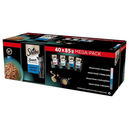 SHEBA Sauce Collection Fisch-Aromen Soßentütchen 40x85 g mit Lachs, Weißfisch, Thunfisch, Kabeljau