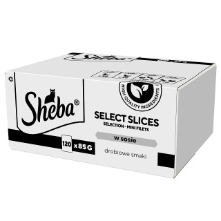 SHEBA Selection Select Slices Geflügelgeschmacksbeutel 120x85 g in Saucenstücken mit: Ente, Huhn, Geflügel, Ente und Pute für