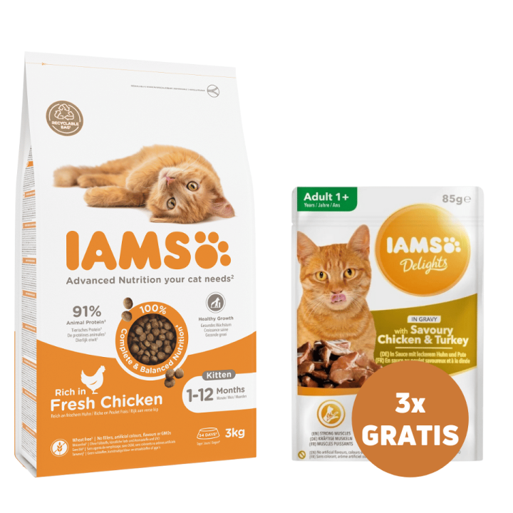 IAMS For Vitality Cat Adult Hairball Chicken 3 kg + 3 x Huhn und Truthahn in Soße 85 g
