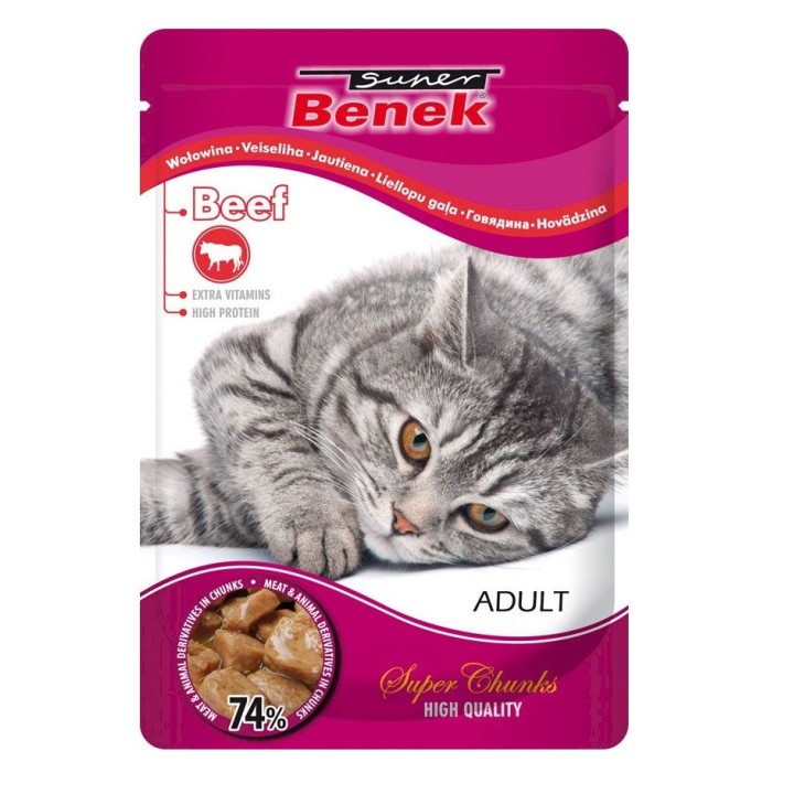 BENEK Super Tütchen für Katzen mit Rindfleischstücken in Sauce 100g