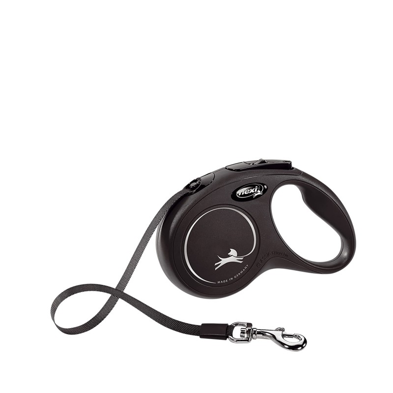 Ausziehbare Leine FLEXI CLASSIC, 5 m, BAND, GRÖSSE S BIS ZU 12 kg, Farbe Schwarz, NAYECO