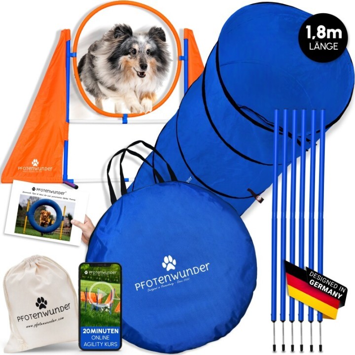 PfotenWunder® Agility-Medium-Set Hunde groß + 21 Min. HUNDESCHULE - 6 Slalomstangen, 1 Tunnel, für kleine & große Hunde, Trai