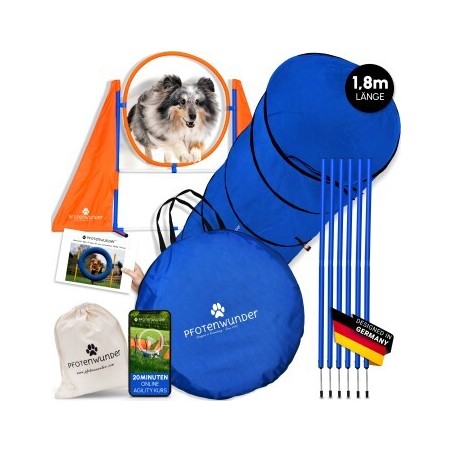 PfotenWunder® Agility-Medium-Set Hunde groß + 21 Min. HUNDESCHULE - 6 Slalomstangen, 1 Tunnel, für kleine & große Hunde, Trai