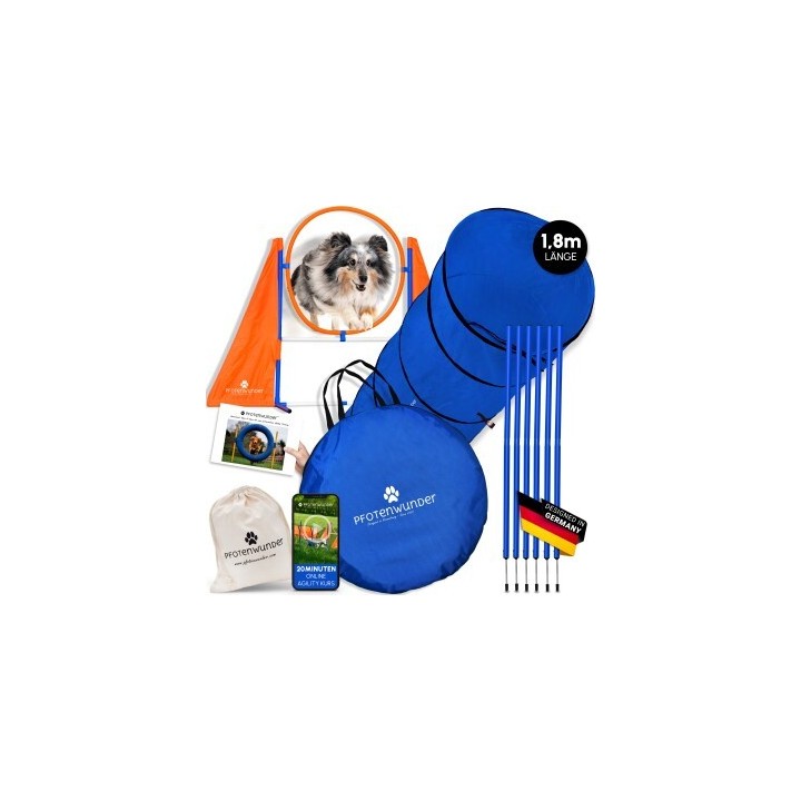 PfotenWunder® Agility-Medium-Set Hunde groß + 21 Min. HUNDESCHULE - 6 Slalomstangen, 1 Tunnel, für kleine & große Hunde, Trai