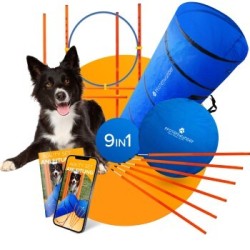 PfotenWunder® 9-in-1-Agility Set Hunde groß + 21 Min. HUNDESCHULE - 6 Slalomstangen, 1 Tunnel, für kleine & große Hunde, Trai