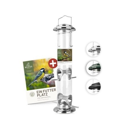 wildtier liebe Futtersäule für Samen, Körner & Kerne 38cm, Silber