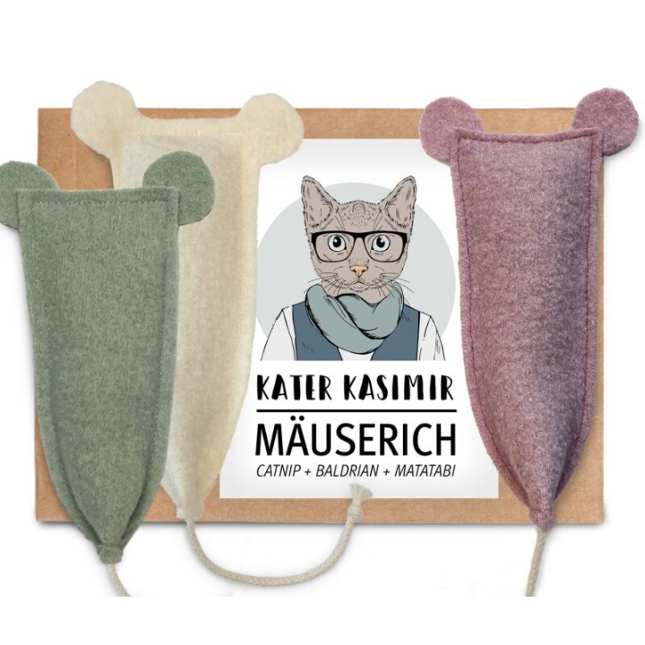 Kater Kasimir 3 x MÄUSERICH - Die XL Spielmaus für Katzen, handgenäht aus reiner Schurwolle mit Katzenminze-, Baldrian- und M
