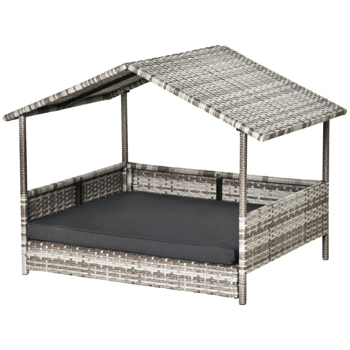 PawHut Rattan Hundehaus mit Kissen, Hundebett im Hausform, Outdoor Hundehütte, Stahlrahmen, Kunststoff, Grau, 69 x 98 x 70 cm