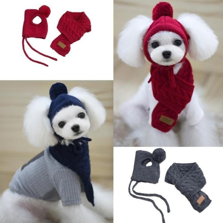 Haustier Hund Winter Warm Streifen Strickmütze + Schal Kragen Welpe Teddy Kostüm Weihnachtskleidung 1 Stk S navy blau