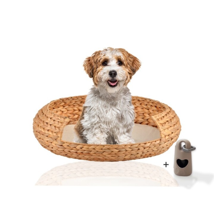 Rohrschneider ® runder Hundekorb aus geflochtener Wasserhyazinthe, Hundesofa für kleine, mittelgroße und große Hunde L