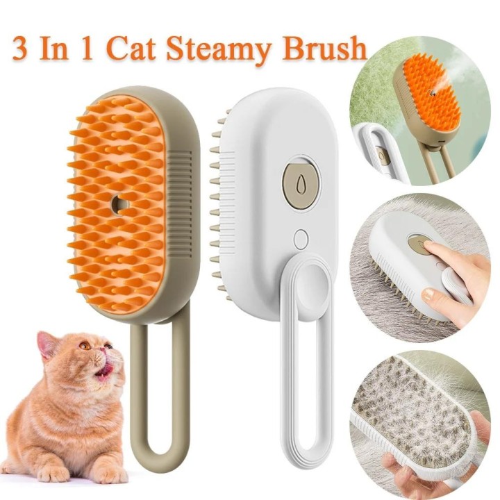 Steamy Katzen- und Hundebürste, 3-in-1, elektrische, spritzwassergeschützte Katzenbürste mit Dampfspray, USB-Aufladung, Massa