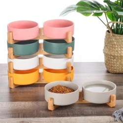 Keramik-Haustiernapf mit Holzständer, kein Verschütten, Haustier-Keramik-Doppelnapf für Hunde, Katzen, Futter, Wasser, Futter