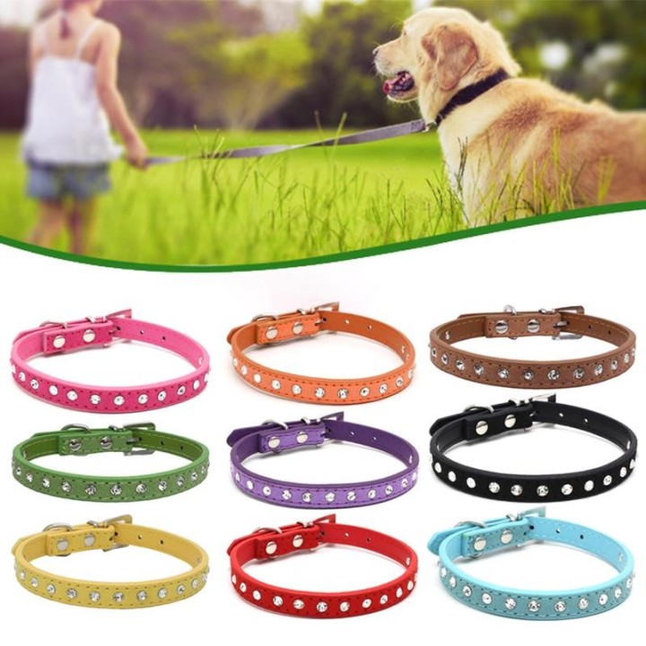 Verstellbares Halsband aus Kunstleder mit Strasssteinen und eingelegter Schnalle für Katzen und Hunde XXS blau