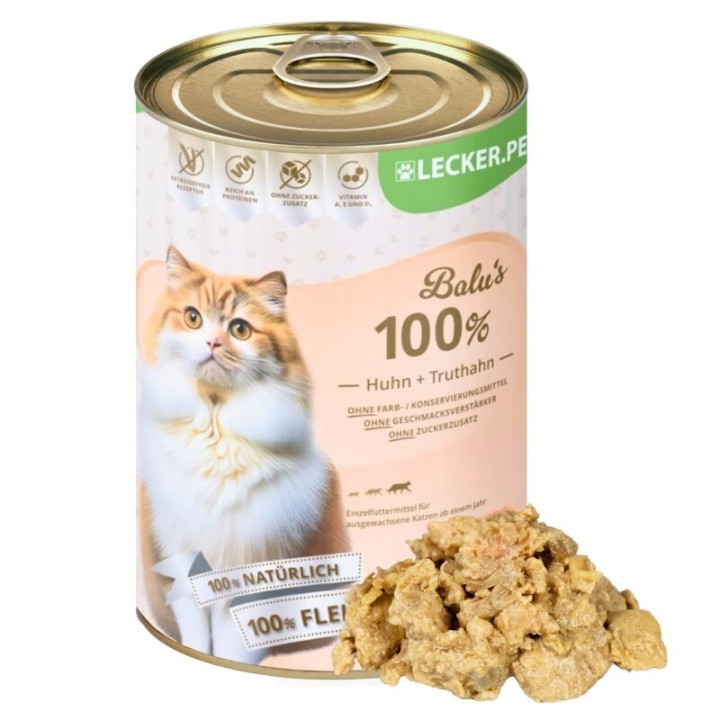 Lyra Pet Lecker.Pet Balu's 100 % Huhn und Truthahn Katzenfutter Nassfutter 18x400 g